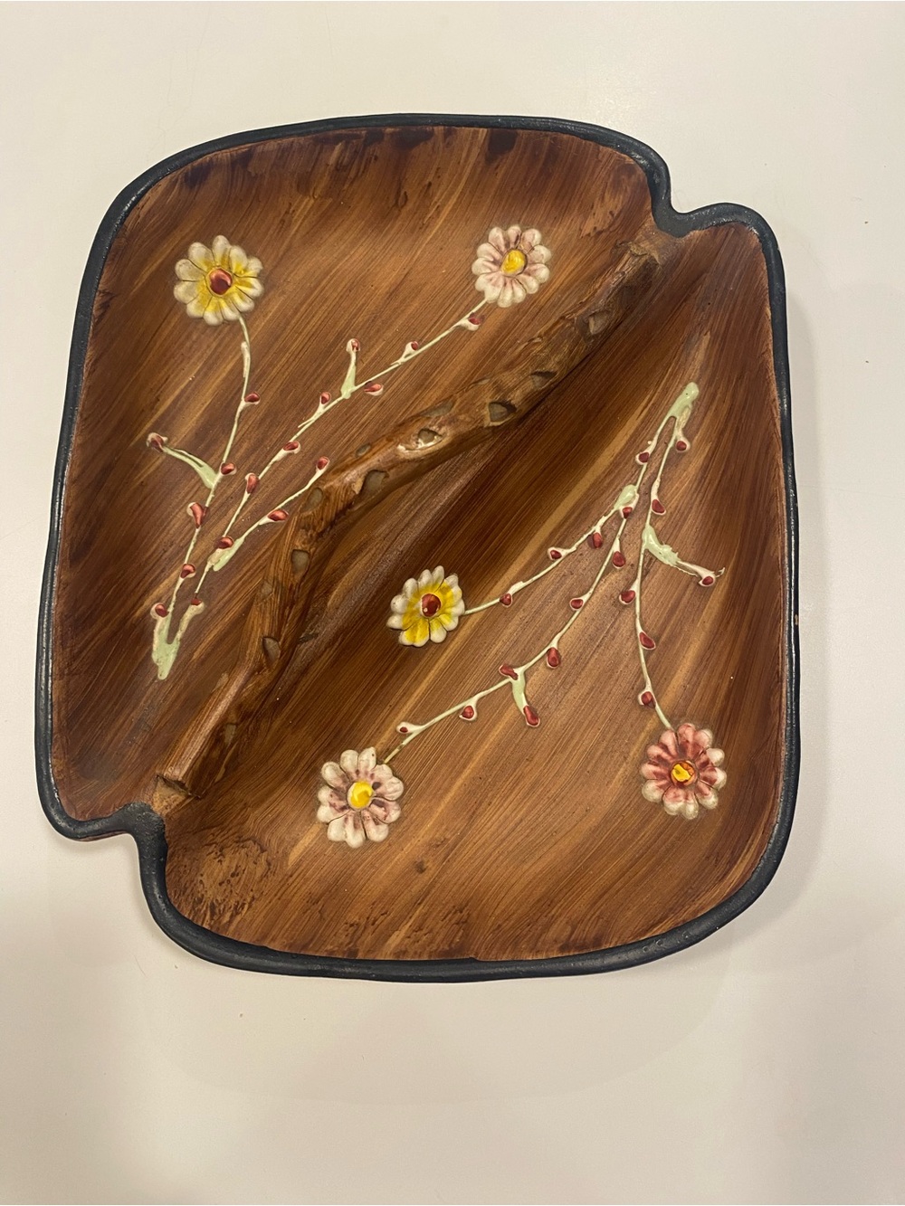 Handpainted Wooden Divided Tray with Floral Design